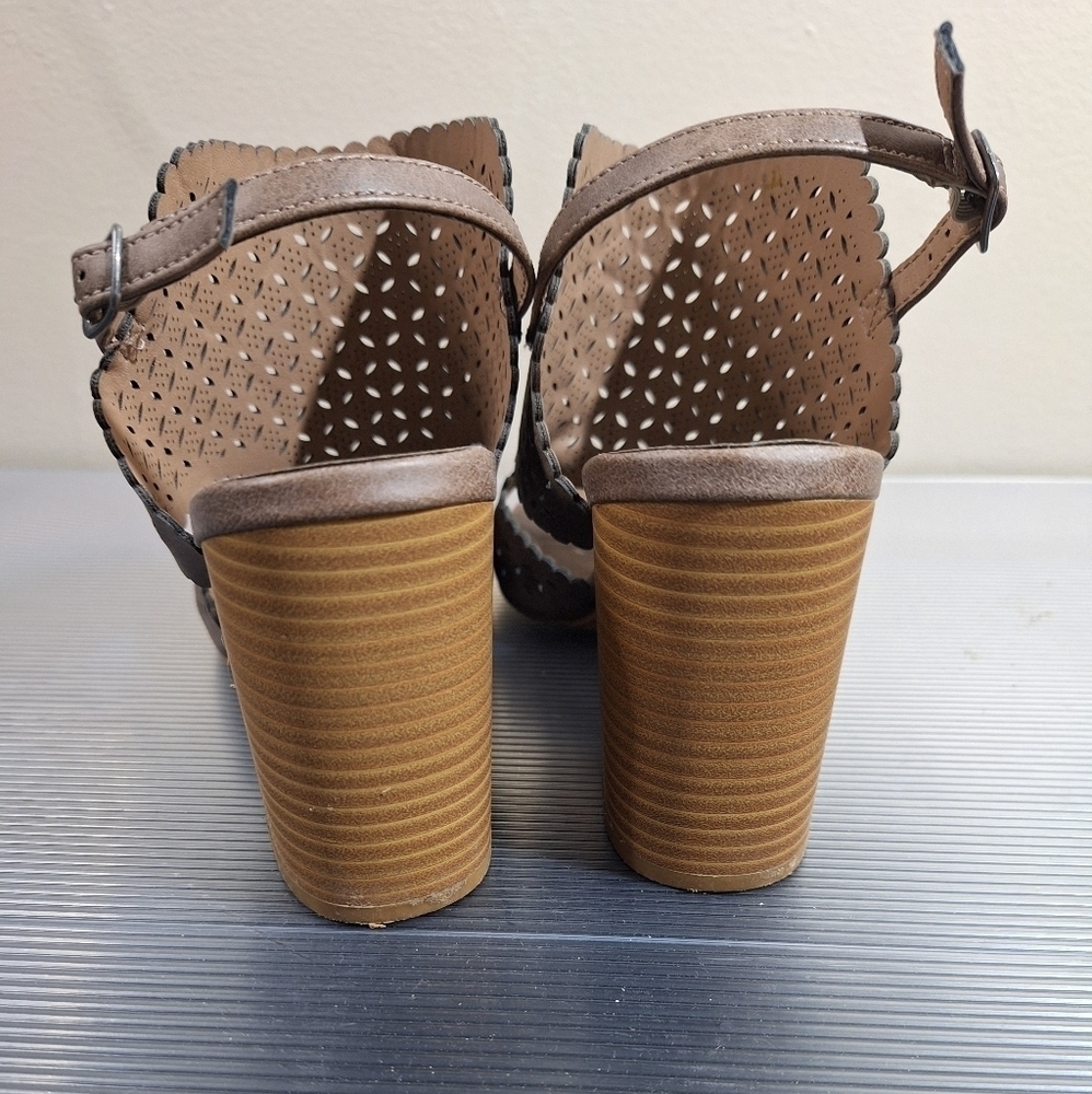 Maurices Taupe Boho Cut Out Scalloped Open Toe Slingback Stacked Heel Sandals - Picture 8 of 16